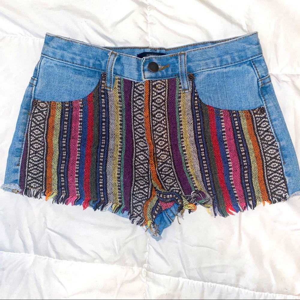 Forever 21 Multi Colored Frayed Denim Shorts